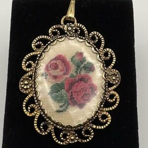 Vintage Elegant Gold and Pink Floral Petit Point Brooch